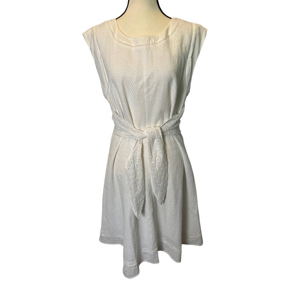 Cabi Lizzie Dress Womens 12 White Eyelet Cotton Tie Waist 5106 Coastal Preppy